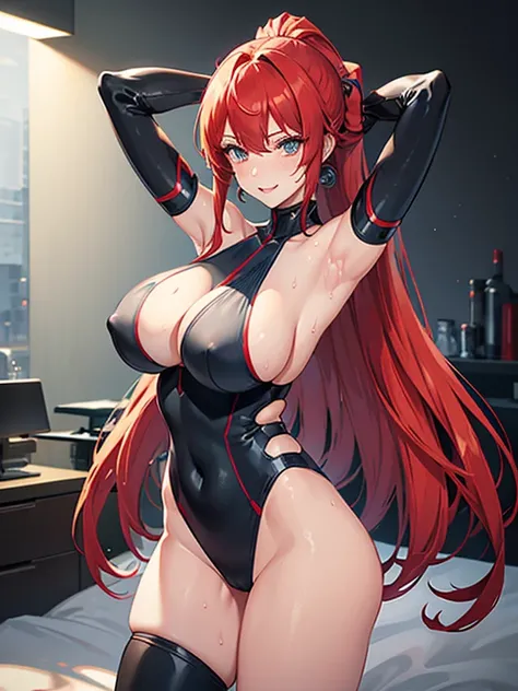 1 mechanical woman,red hair,blue eye,very long ponytail hair,swept bangs,gigantic breasts,blush,smile,parted lips,silver plunging swimwear,mechanical arms,mechanical legs,standing,arms behind head,arms up,from left in front,open legs,sweat,bed side,