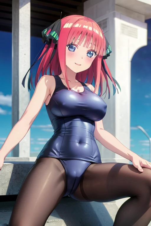 best quality, ultra-detailed masterpiece, anime art style, cute character, nino nakano, large breasts, blush, smile, one-piece swimsuit, pantyhose, open legs