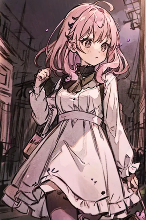 A pink haired woman with violet eyes with an hourglass figure in a gothic rockabilly dress is  walking through a cemetery