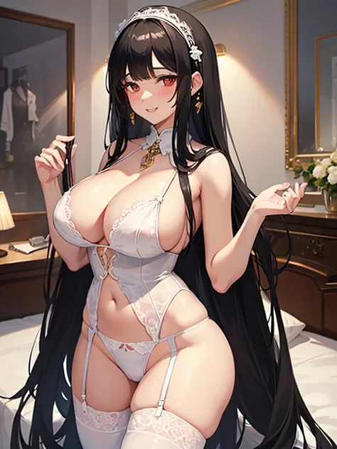 1 woman,black hair,brown eye,very long straight hair,blunt bangs,headband,huge breasts,blush,smile,parted lips,white lingerie,white garter belt,necklace,standing,from left in front,bed side,