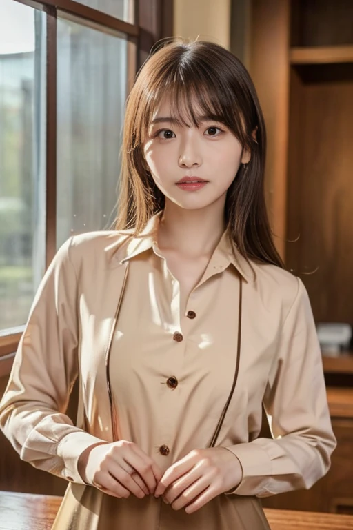 (highest quality, 4K, 8k, High resolution, Tabletop:1.2), Brown Hair、Beaver、Her breasts are beautiful and large。study。Press your chest against the desk。Dress code: A loose-fitting shirt.。Open some buttons。The color of the clothes is white、