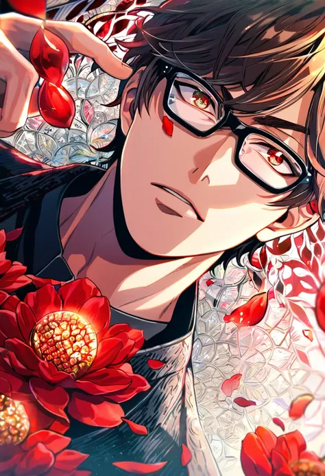 Ultra detailed, Highres, absurdres, HDR, Miyuki Kazuya, brown hair, master piece, expressive amber eyes, black glasses, Diamond No Ace, red flowers, red ice, petals, extremely handsome, sexy man, perfect face, solo, very detailed eyes and face, red glass, ...