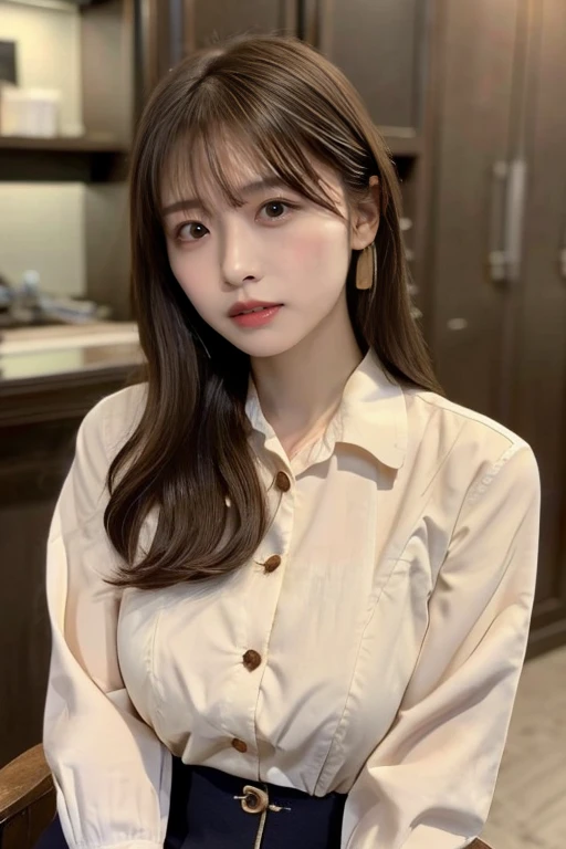 (highest quality, 4K, 8k, High resolution, Tabletop:1.2), Brown Hair、Beaver、Her breasts are beautiful and large。study。Press your chest against the desk。Dress code: A loose-fitting shirt.。Open some buttons。The color of the clothes is white、