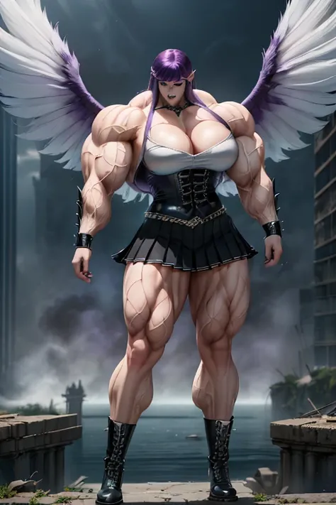 (((((Massive tall, beautiful, buff, pale white skinned muscular woman with violet purple hair, black lipstick, giant feathered wings, ginormous bulky muscles and wearing a black gothic uniform with a black pleated skirt))))), ((close view)), (massive muscl...