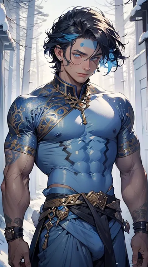 Arabian djinn,(male:1.5), muscle, 1boy, big muscle, pectoral, big pectoral,  muscular, Mature man,45 year old man,adult,1 man, old macho man,perfect body,an extremely delicate and beautiful detailed face, (((blue_eyes:1.3))),intricate eyes,beautiful detail...