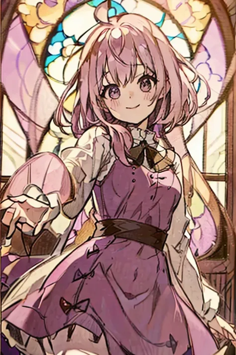 A pink haired woman with violet eyes with an hourglass figure in a gothic rockabilly dress is smiling in front of a stained glass window