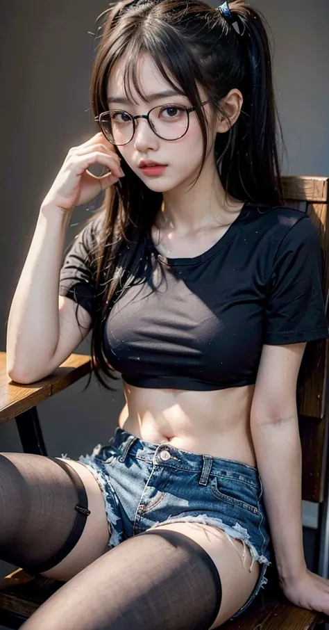 realistic, 1girl, black eye glasses, sitting on straight chair, dark background, black twintailed hair, hair with bangs, crop top white tshirt, tummies, bellybutton, denim shorts, crotch, tights, 