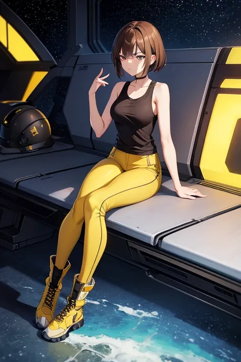 Anime Art、Full body portrait、Space SF Outlaws、A Chinese-looking woman, about 155cm tall and about 17 years old, wearing a tank top and yellow long pants, sitting、Very short brown hair、A displeased face looking up and glaring、gloveilitary boots、Yellow Helme...