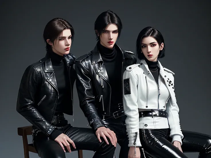 Final Fantasy-style graphics, young, Cute and cool two Japanese boys,borth Thin eyebrows and big eyes,   both wearing a shiny white single-breasted leather jacket.......。Biker style leather jacket、 with epaulettes,  The jacket is zipped up, The jacket pock...