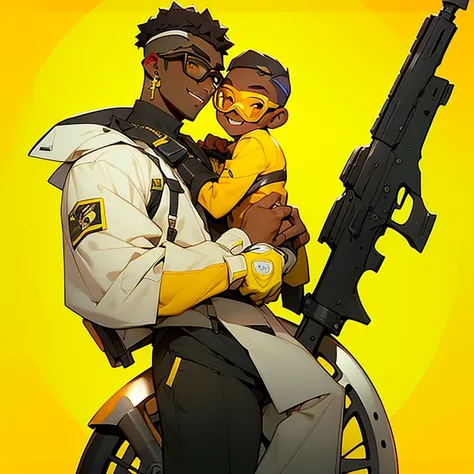 a man standing in front of a yellow background, baptiste from overwatch, trending on artstatio, dark brown skin, giga chad capaybara, cute artwork, uwu hi-fructose, gunbroker, add text: auto repair, dating app icon, william goddard poster, cart, jake parke...