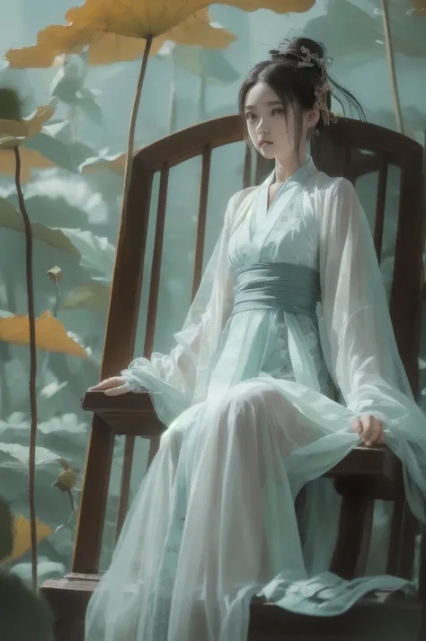 1girl, solo, white hanfu, circular mural, stone, half body close-up, (sitting on the grand tutor's chair:1.6), autumn theme, ind...