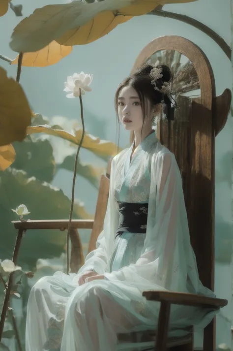 1girl, solo, white Hanfu, circular mural, stone, half body close-up, (sitting on the Grand Tutors Chair:1.6), autumn theme, indoor, simple background, cinematic feeling, sense of scale and narrative, ethereal scene, peaceful loneliness, stunning contrast a...