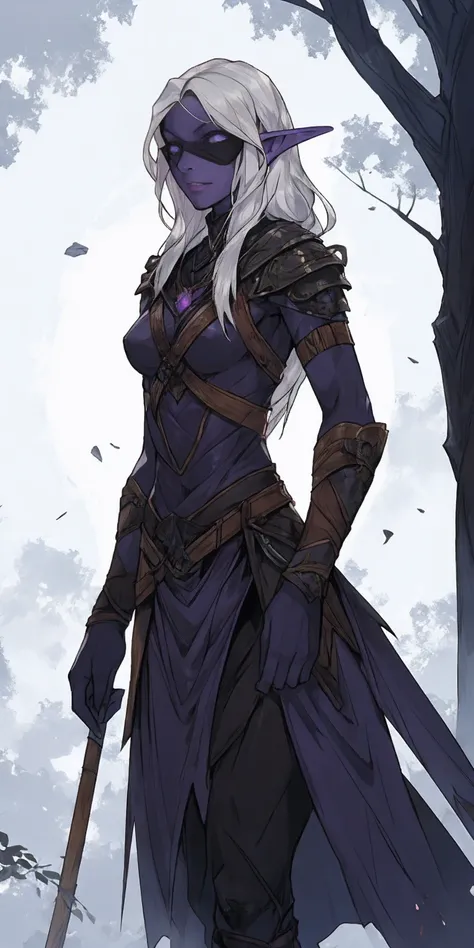 black blindfolded female drow elf slave wearing an adventurer outfit (very purple skin)