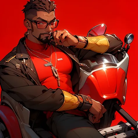 a man standing in front of a red background, baptiste from overwatch, trending on artstatio, dark brown skin, giga chad capaybara, cute artwork, uwu hi-fructose, gunbroker, add text: auto repair, dating app icon, william goddard poster, cart, jake parker, ...