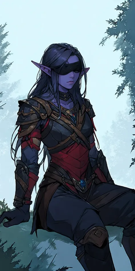 black blindfolded female drow elf slave wearing an adventurer outfit (very purple skin)