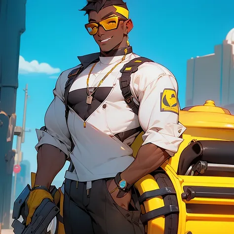 a man standing in front of a yellow background, baptiste from overwatch, trending on artstatio, dark brown skin, giga chad capaybara, cute artwork, uwu hi-fructose, gunbroker, add text: auto repair, dating app icon, william goddard poster, cart, jake parke...