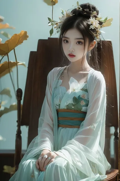 1girl, solo, white Hanfu, circular mural, stone, half body close-up, (sitting on the Grand Tutors Chair:1.6), autumn theme, indoor, simple background, cinematic feeling, sense of scale and narrative, ethereal scene, peaceful loneliness, stunning contrast a...