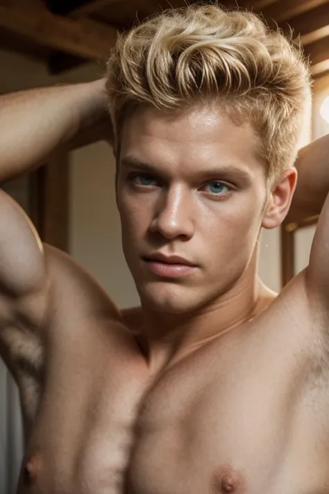 (best quality, 4k, 8k, high resolution, Masterpiece: 1.2), ultra detailed, (realistic, photorealistic, photorealistic: 1.37), 1 male model, albino skin color, green eyes, blonde hair, slightly curly hair , showing his armpits, sexy Pose, serious face, musc...