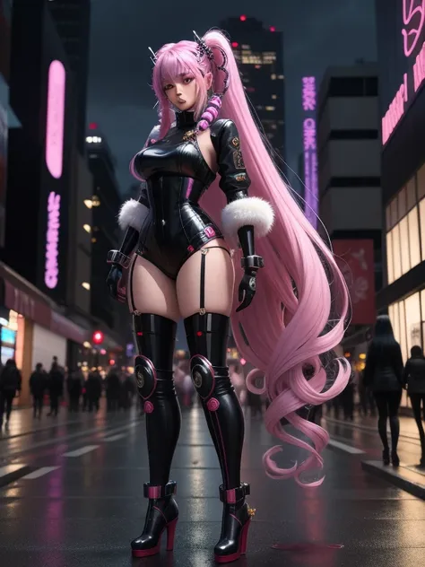 masterpiece,
 highest quality,
 High resolution,
 Ayami,
 Very long hair,
 Both sides up,
 hair ornaments,
 night,
 cyber punk,
 Masterpiece,
 city,
 street, 
 Bodysuits,
 gloves,
 Knee-high boots,
 Are standing