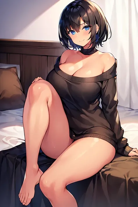 1girl, large breasts, tan, tan skin, sweater, black sweater, bare legs, smile, black hair, very short hair, blue eyes, bed sheet, cleavage, one eye covered, hair over one eye, ((bare legs)), sitting, happy