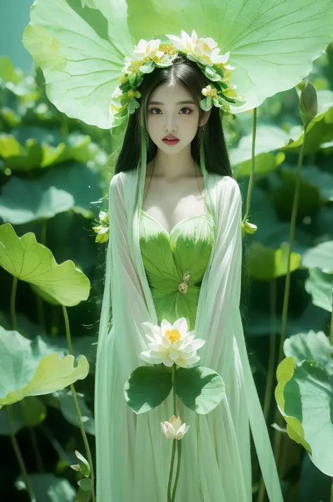 an enchanting humanoid-style plant creature in full bloom, standing upright. it has an overall green body color, with a flower-l...