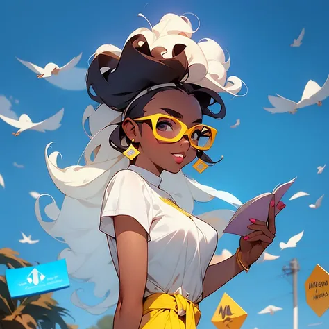 a picture of a girl with glasses holding a book, as a pixar character, black jesus, no watermark signature, beautiful university girl, yellow skin, inspired by Paul Mavrides, hyperrealistic full figure, long curly brown hair, telegram sticker, christianism...