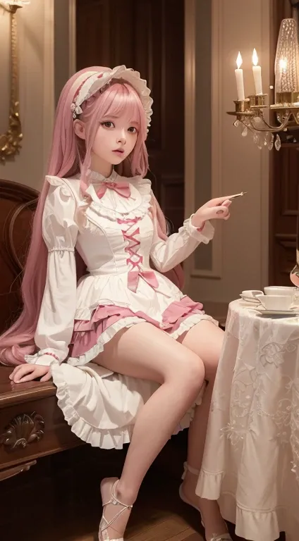 (masterpiece, highest quality, masterpiece,highest quality,Official Art, 8K wallpapers), girl,Chiquita，Shooting with long hair, Pink Hair, Wavy Hair, Small breasts,(Dynamic Color Lolita Costume), barefoot, Skirt flip,European Restaurant，candlestick，wall，Ta...