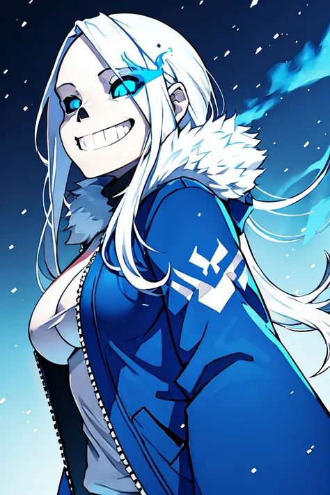 Sans Undertale Blue Jacket ,Fire eyes skull smile white long hair glowing snow sexy big breasts breast enlargement full-body shot
