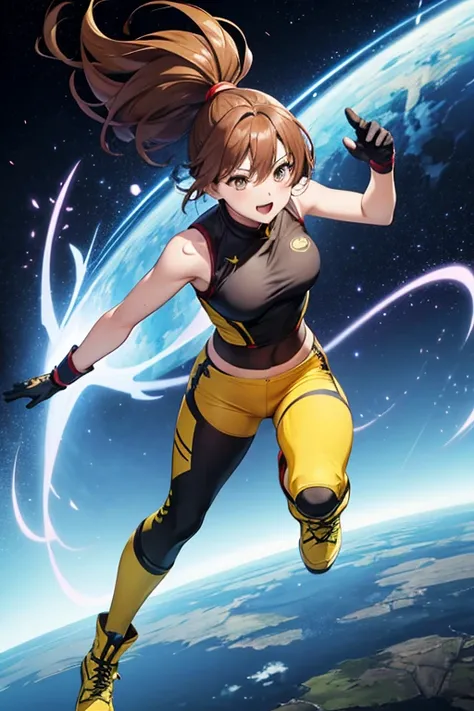 Anime Art、Full body portrait、Space SF Outlaws、A Chinese-style woman, about 155cm tall, about 19 years old, wearing a sleeveless top and yellow long pants, punching、Short brown hair in a ponytail、Laughing with mouth open、gloves、sports boots