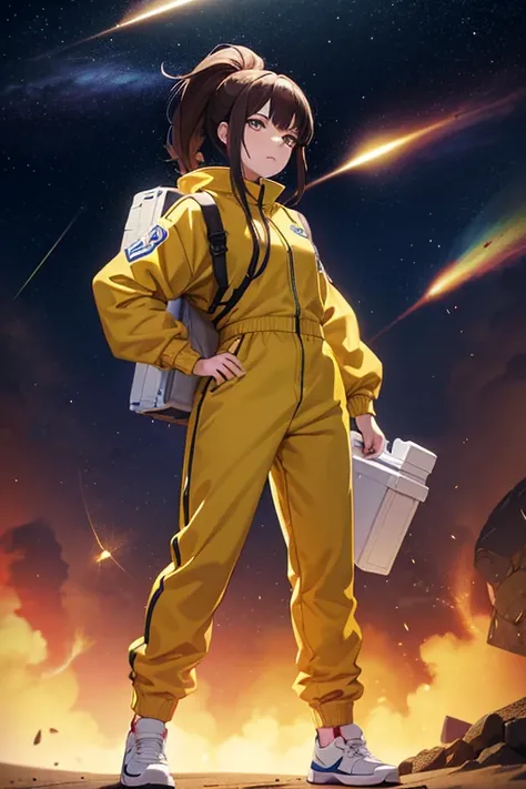 Anime Art、Full body portrait、Space SF workers、A tired Chinese-style woman, about 19 years old, about 155 cm tall, wearing a yellow tracksuit and long pants, walking in a forward-leaning position with a huge load on her back、Short brown hair in a ponytail、I...