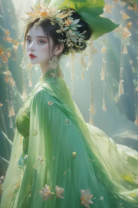 Enchanting humanoid plant creature，bloom，upright，It is green overall，Flower-like structures growing around the head，Head decorated with leaf-like extensions，Shaped like a headband，Its lower part is a skirt-like structure.，Similar to petals，Color ranges fro...