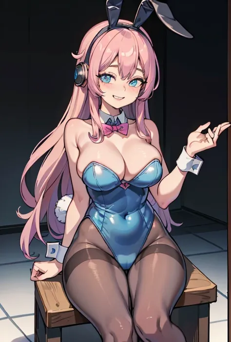 1girl, solo, (masterpiece, best quality:1.4),((best quality)), ((highly detailed)), masterpiece, absurdres, (detailed eyes, deep eyes), bunny girl, pink hair, long hair, bangs, blue eyes, white pupils, smiling, big breasts, deep cleavage, rabbit ears, fake...