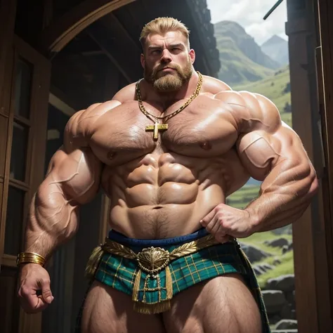 an Absolutly monstrous beast of a Scottish bodybuilder. Huge huge shoulders and a very narrow waist, he is as broad as he is tall. 45 years old. Blond, tightly curled hair, very short beard, powerfully muscled, massive shoulders and biceps. well-defined si...