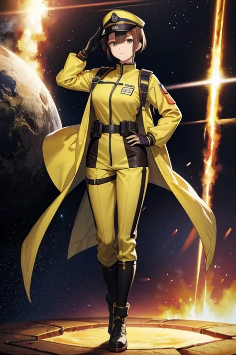 Anime Art、Full body portrait、Space Sci-Fi Soldier、A Chinese-style woman, about 160cm tall, around 26 years old, wearing a yellow military uniform, standing upright and saluting with her right hand、Short brown hair、Calm expression、gloveilitary bootilitary c...