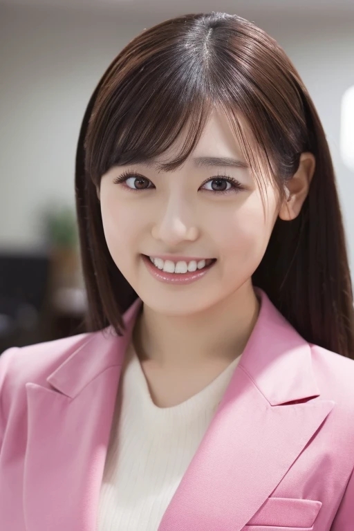 (Highest Resolution, 4K, masterpiece: 1.3), Japanese women, A photo of a woman, sexy: 1.1, Beautiful Eyes, Slim figure, Realistic teeth, double eyelid, (whole body:1.3), highest quality, detailed, At the office, （Pink business suit）, (Buckshot,turn around)