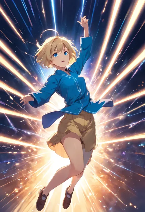 17 years old Women, ((Blonde)), ((Blue eyes)), ((Short hair)), ((Full Body)), Suspended in the air surrounded by an energy field and rays shooting from her hands, she wears a magicians robe