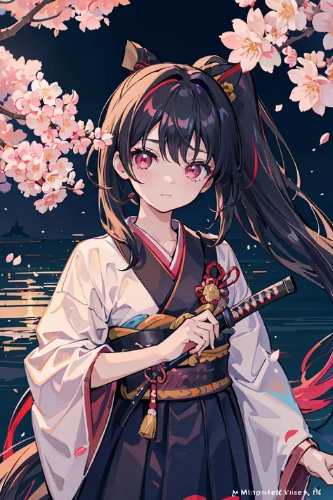 1 girl, Samurai, Katana, Japan, Cherry blossom trees, Black Hair, Side Ponytail, Long Hair, Big bouncy hair, ribbon, Dark pink eyes, Dark Eyes, Rin々Shii, 16 years old, Colorful Hair, Messy Hair, tonality, Romanticism, modern art, Impressionism, reflected l...