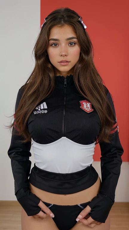 xoaeriel, a beautiful woman with brown wavy hair, ojos azules, nariz redonda, vistiendo un cohete de equipo,uniforme del equipo cohete,falda blanca,letra roja R,top corto,medias negras hasta el muslo,guantes negros hasta el codo,hiperealista