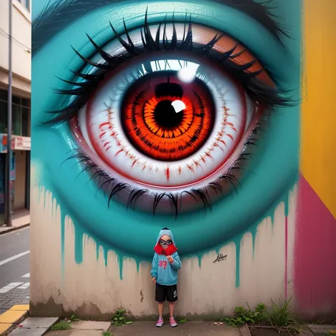 graffiti em uma parede com um vaso com olhos vermelhos, graffiti arte por Naza, reddit, arte de rua, um olho vermelho, large olhos vermelhos, arte urbana style, arte de rua:2, 3rd eye, Olhos vermelhos, the eye that sees everything, arte de rua, ( the eye t...