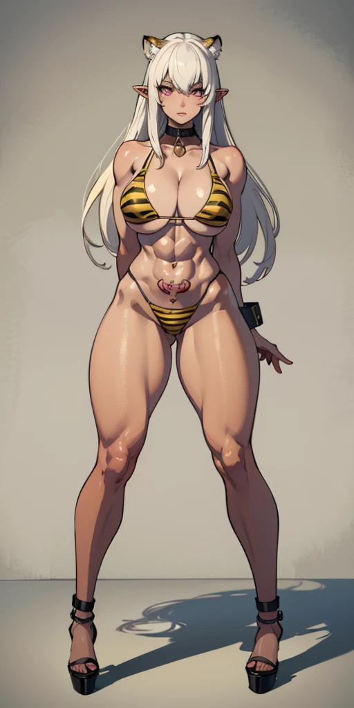 (plain background, masterpiece, best quality, ultra-detailed, best shadow, best rendering: 1.2) (1girl) (8k) (photorealistic:1.4) best quality, ultra high res, highly detailed eyes, Sexy pose, cleavage cutout, female white long hair in yellow bikini with t...