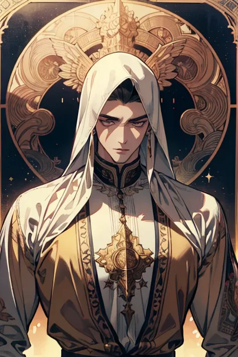 (absurdres, highres, ultra detailed), 1 male, adult, handsome, tall muscular guy, broad shoulders, finely detailed eyes and detailed face, the fool tarot, desert, camel, middle eastern clothes, Symbolism, Visual art, Occult, Universal, Vision casting, Phil...