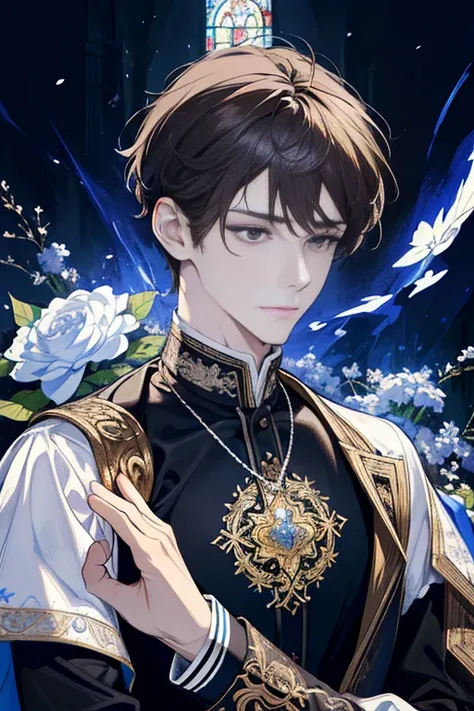 (absurdres, highres, ultra detailed), 1 male, handsome, detailed eyes, detailed face, wavy brown hair, short hair, solo, tall, full body, white clothes, ornate clothes, upper body, magic effect, detailed background, detailed face, cathedral, stained glass,...