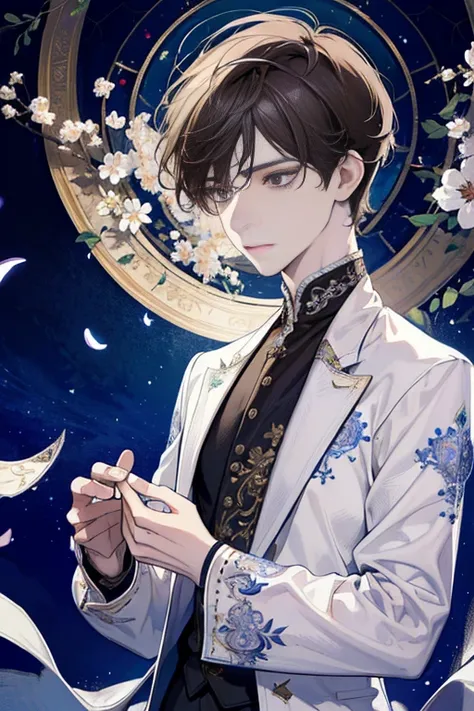 (absurdres, highres, ultra detailed), 1 male, handsome, detailed eyes, detailed face, wavy brown hair, short hair, solo, tall, full body, white clothes, ornate clothes, upper body, magic effect, detailed background, detailed face, cathedral, stained glass,...