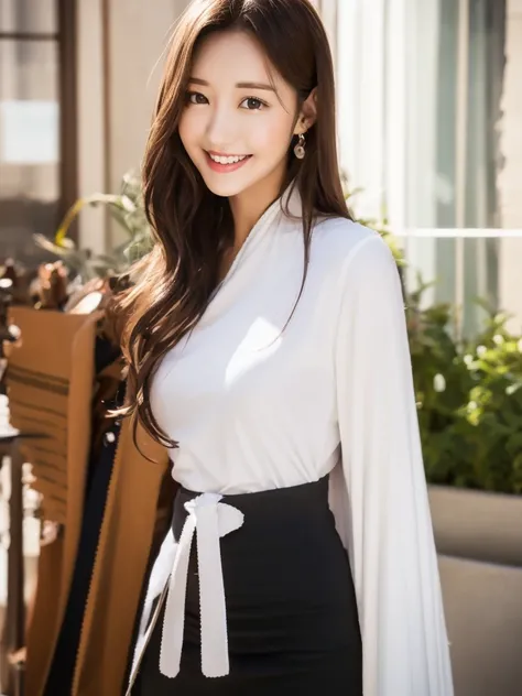 masterpiece, high image quality, ultra high analysis, Solo, beauty, photorealistic , beautiful woman, slim face, real person, korean model, pretty face, ,long brown hair,double, 28 years old, black eyes, wavy hair, small, woman smiling and standing, live-a...