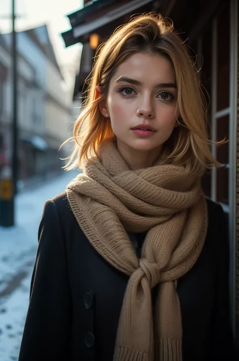 fotografia profissional de uma linda garota norueguesa em roupas de inverno com cabelos loiros longos e ondulados, olhar sensual e sedutor, sardas, beautiful symmetrical face, linda maquiagem natural, vestindo roupas elegantes e quentes de inverno, parado ...