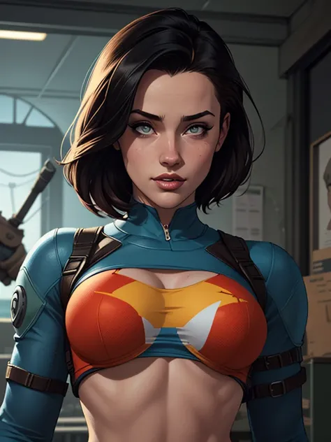 Personagem mulher estilo atompunk Fallout 4 cabelos pretos  atriz Ella Purnell com marcas de guerras Imagem de desenho animado de uma mulher .Ilustracaoo estilo desenho animado, estilo de arte dos desenhos animados, estilo de arte dos desenhos animados, di...