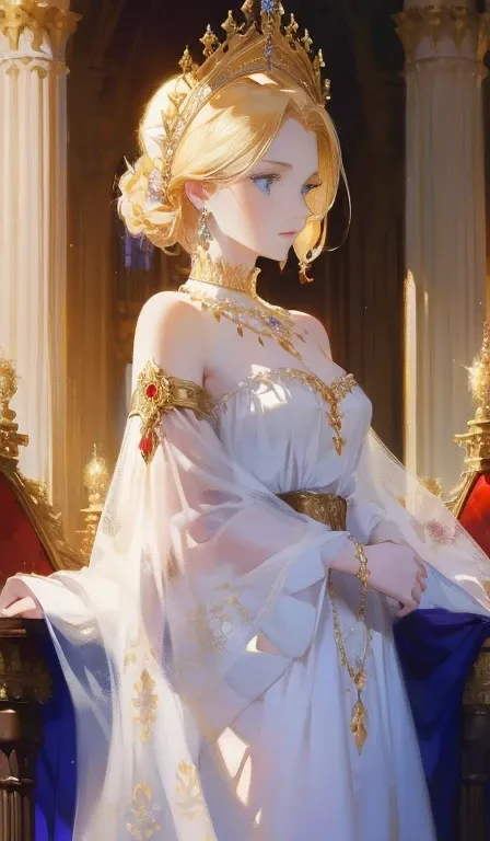 Fantasy, 19th century, empress, woman, delicate face, pale blonde hair, blue eyes, in a white royal dress with open shoulders, gold patterns on fabric, crystal jewelry, with a scarlet ribbon over the shoulder with the regalia of the monarch, Gothic castle ...