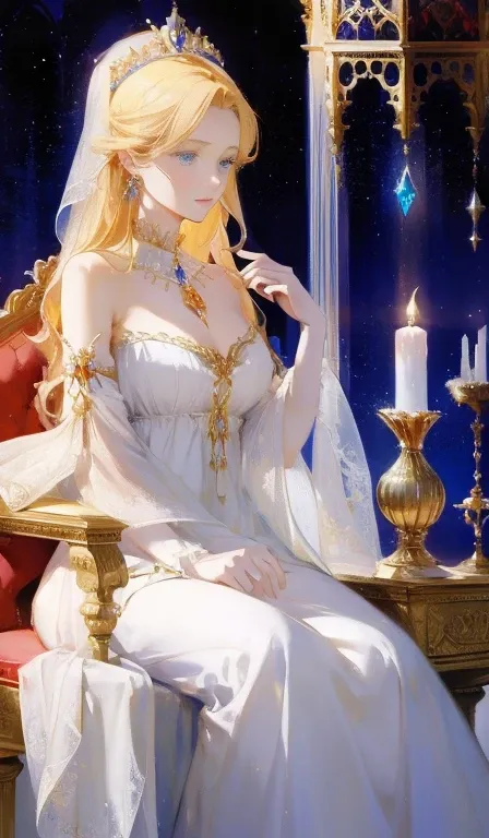 Fantasy, 19th century, empress, woman, delicate face, pale blonde hair, blue eyes, in a white royal dress with open shoulders, gold patterns on fabric, crystal jewelry, with a scarlet ribbon over the shoulder with the regalia of the monarch, Gothic castle ...