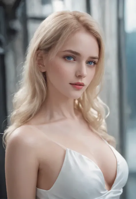 woman, Realistic character，coiffed blonde hair, White silk slip dress，Blue eyes, anime extremely big breast, Alone, modern, Cyberpunk, long wavy hair, very young