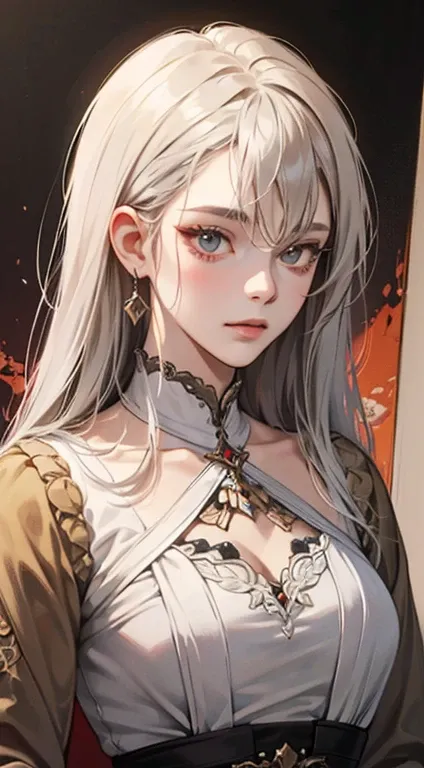 A painting of a woman with gray hair and an orange top, stunning anime face portrait, beautiful character painting, beautiful anime portrait, her image is rendered by red paint, presenting a stunning effect. The painting is very detailed, depicting womens ...